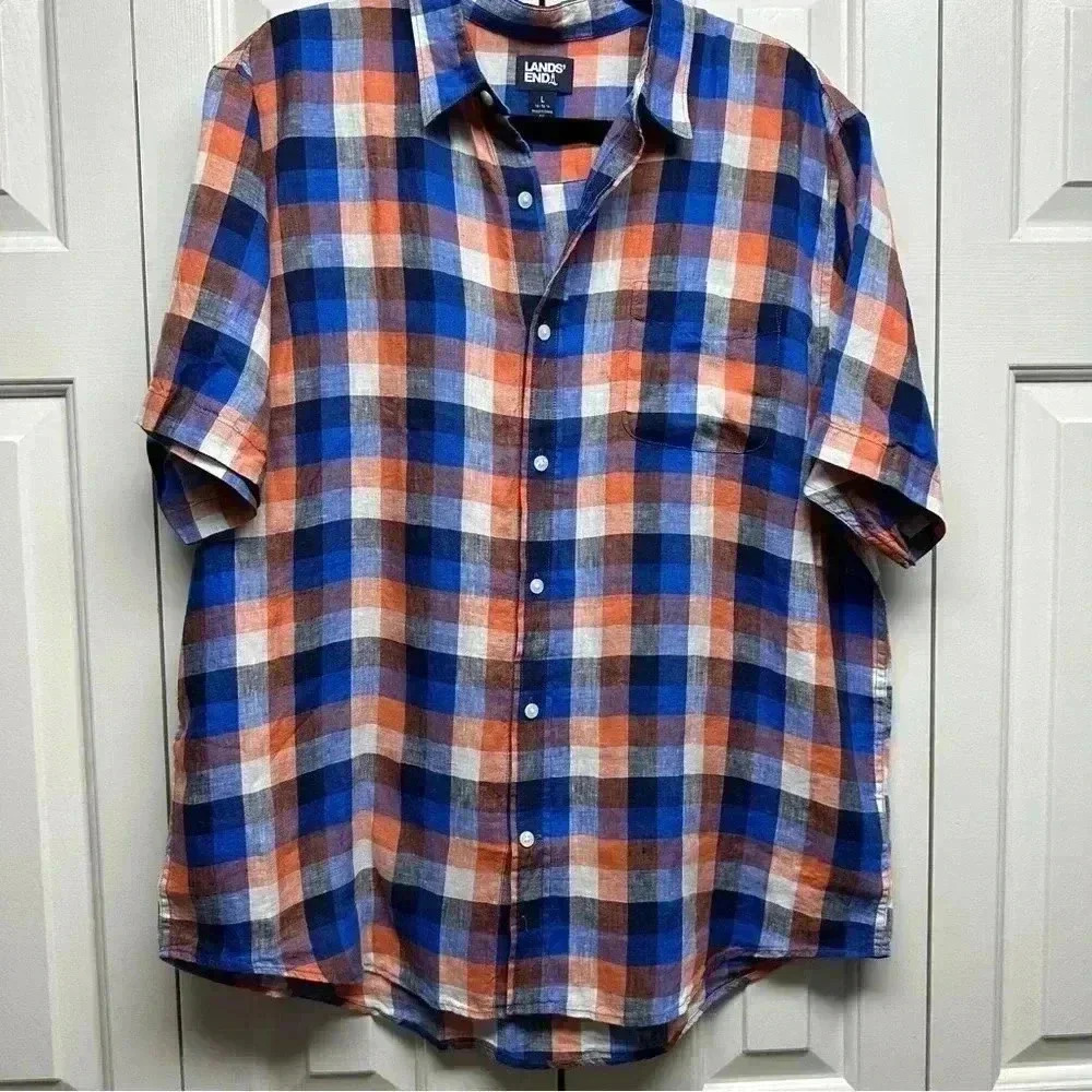 Lands End‎ blue Large 100% linen shirt! Beautiful, high quality button down